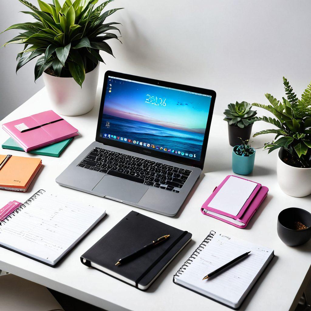 A stylish workspace featuring an array of smart notebooks and digital planners, elegantly arranged on a minimalist desk. Include a laptop displaying a digital planner interface and handwritten notes from a smart notebook, surrounded by colorful stationery and plants. The atmosphere should feel inspiring and organized, highlighting the seamless blend of technology and creativity. soft lighting, modern design, and a clean aesthetic. vibrant colors, white background.