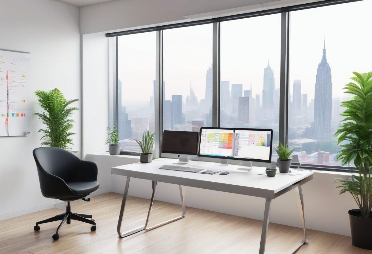 A modern, sleek workspace featuring a digital planner and intelligent binders, showcasing a harmonious blend of technology and organization. Include elements like virtual sticky notes, holographic displays, and a minimalist desk design, with vibrant office plants adding a refreshing touch. The background should hint at a futuristic cityscape through a large glass window. super-realistic. vibrant colors. white background.