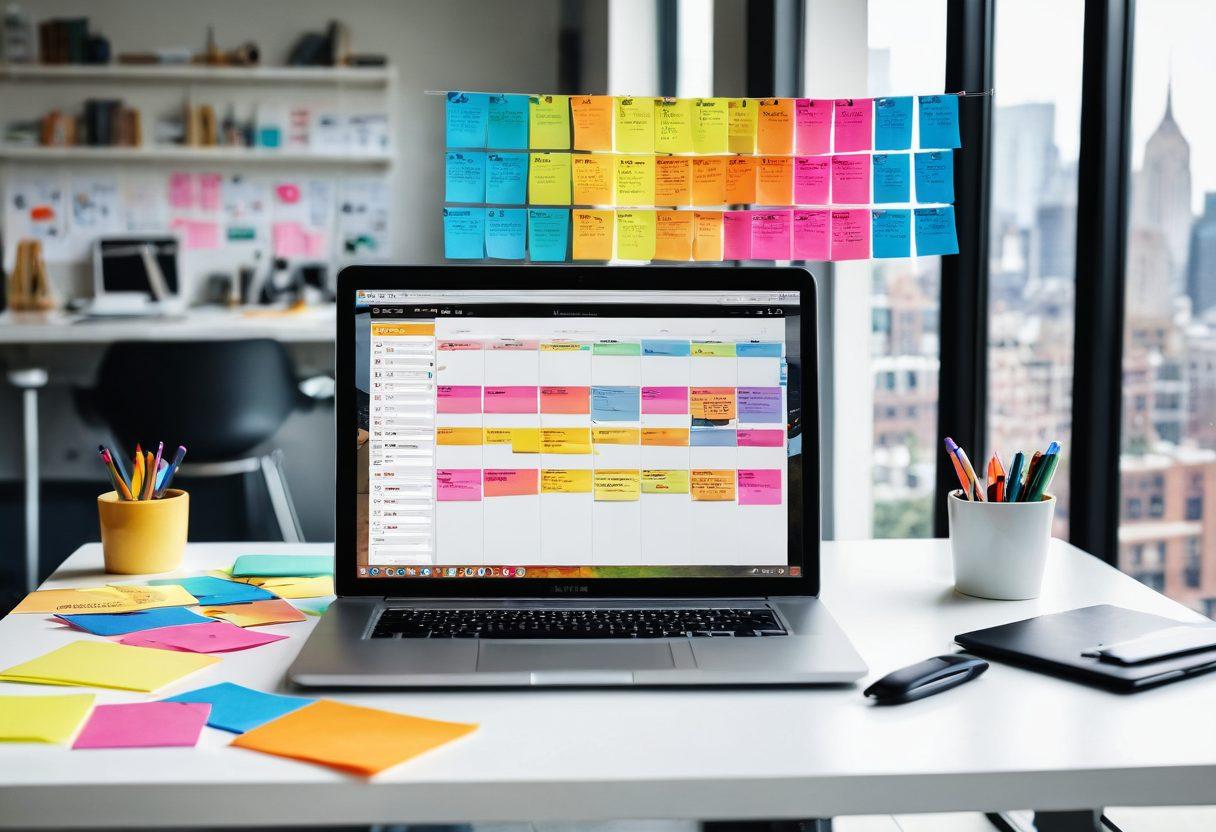 A sleek, modern workspace featuring a laptop displaying project management software, a digital calendar, and colorful sticky notes. Include a person multitasking effortlessly, with digital devices surrounding them showcasing productivity apps. The background should hint at a vibrant cityscape, symbolizing connectivity and progress. super-realistic. vibrant colors. white background.